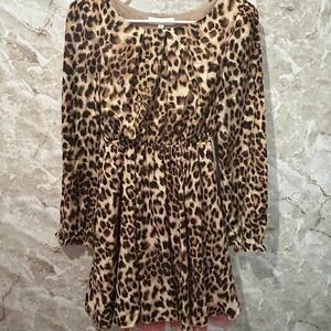 Umgee Leopard Print Dress‎ Long Sleeve Mini Dress Elastic Waist Size S